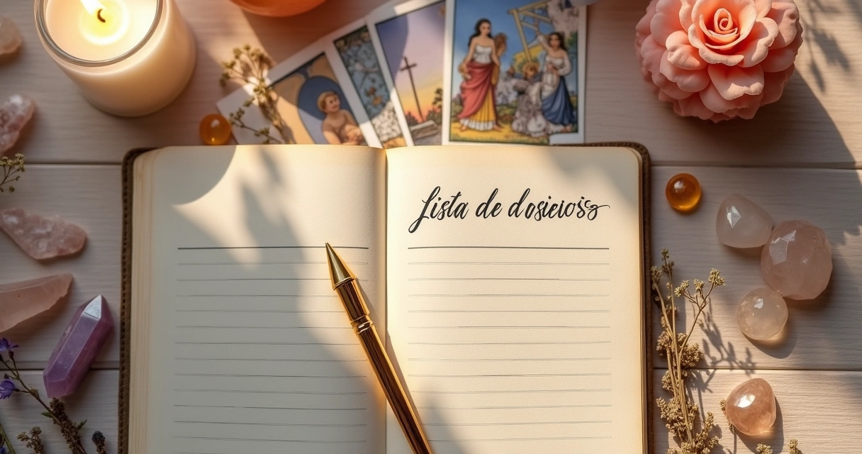 Caderno com lista de desejos ao lado de cartas de tarot e cristais coloridos sobre mesa de luz suave