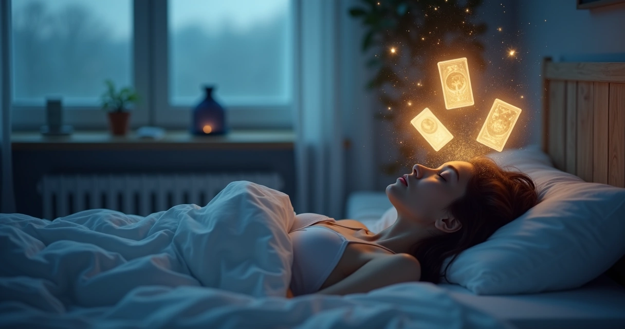 Mulher deitada à noite com cartas de tarot flutuando em sonhos luminosos