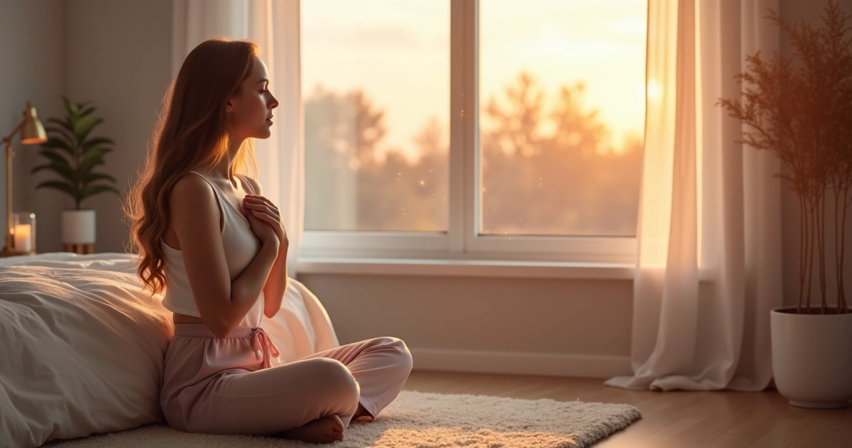 Mulher em frente à janela pela manhã fazendo oração esotérica com luz do sol