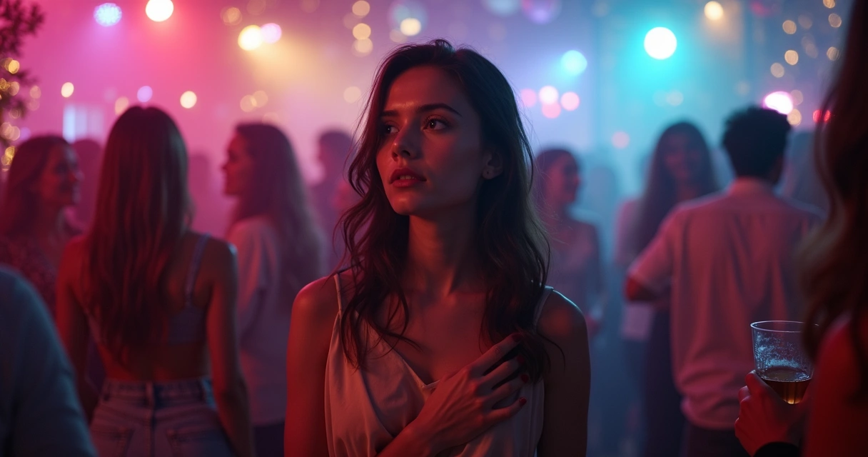 Mulher sensitiva em meio à festa colorida com contornos de energia ao redor do corpo