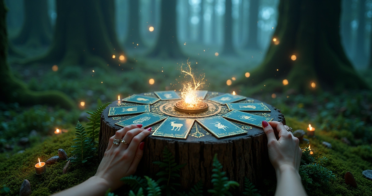 Mulher segurando cartas de animais em clareira de floresta iluminada