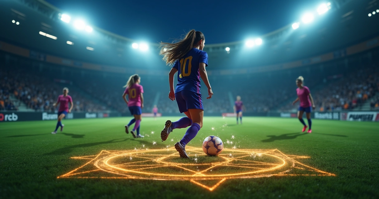 Jogadora de futebol em quadro iluminado por aura protetora em campo à noite
