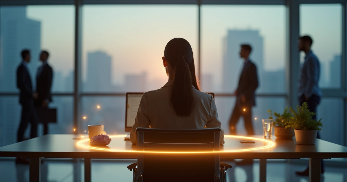 Profissional cercada por círculo de luz protegendo-se de energias negativas no escritório