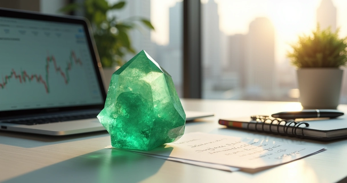 Cristal de quartzo verde sobre mesa de trabalho moderna com laptop e anotações