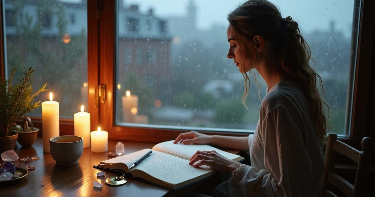 Mulher contemplando chuva na janela com velas e caderno de decisões sobre a mesa