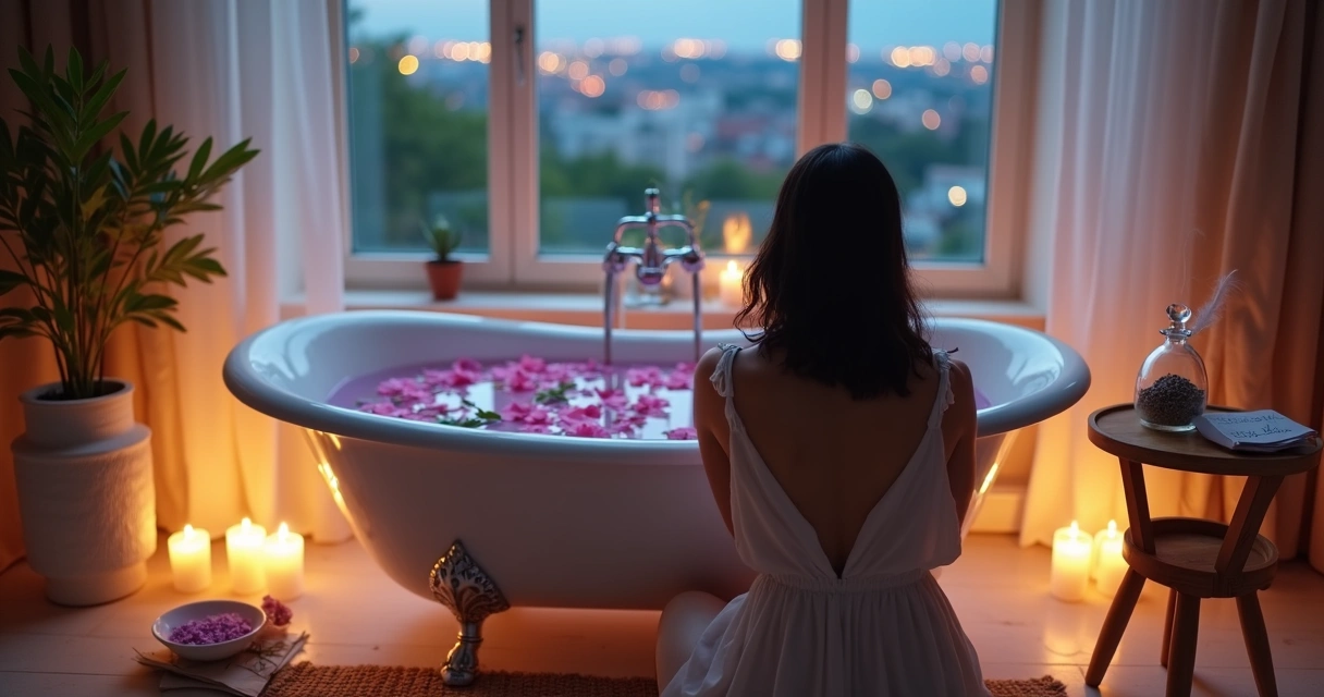 Mulher preparando banho ritualístico com velas e flores ao anoitecer