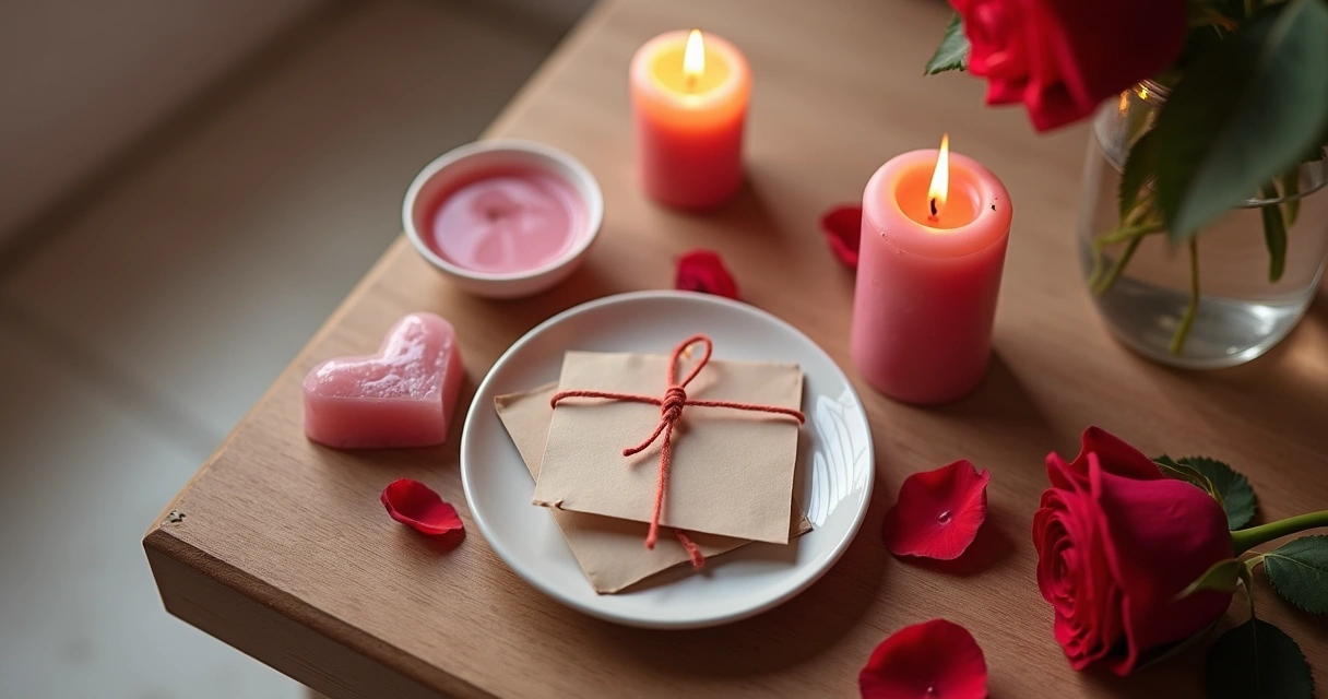 Mesa com vela rosa acesa, fios vermelhos e corações representando simpatia amorosa