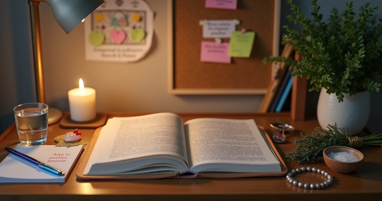 Mesa de estudos para concurso com elementos místicos delicados