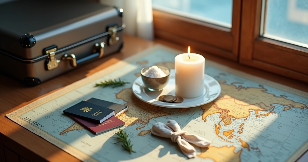 Ritual de viagem com mala, mapa, vela acesa e ervas sobre mesa de madeira