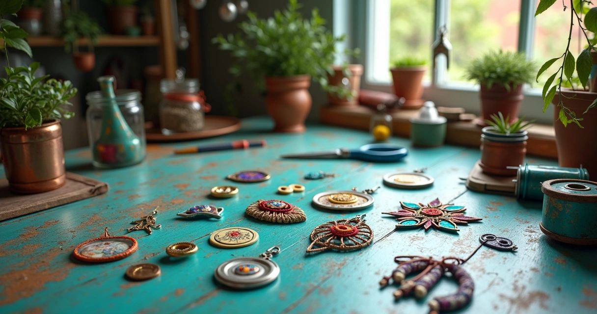 Talismãs de proteção feitos com materiais reciclados sobre mesa colorida