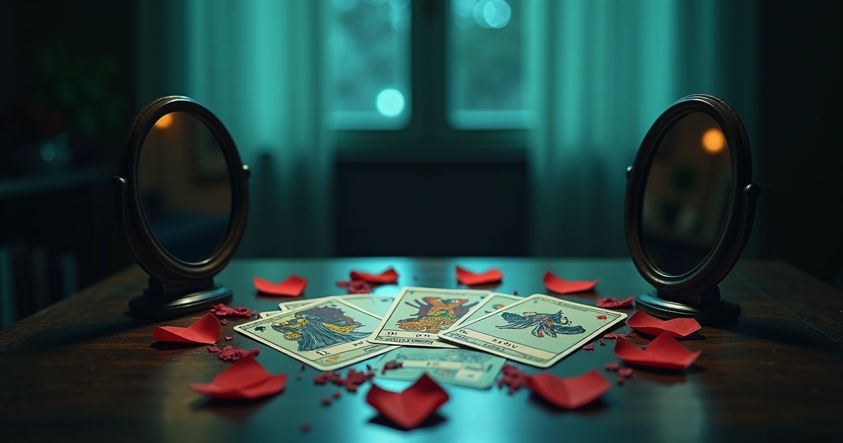 Baralho de tarot entre dois espelhos e corações partidos sobre mesa escura