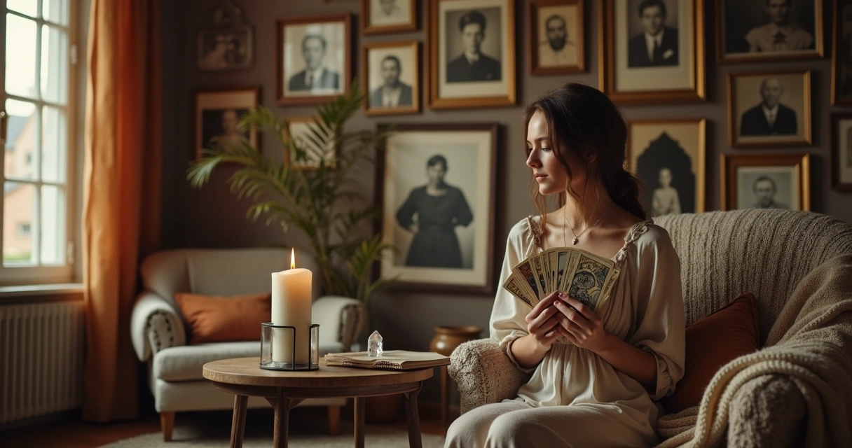 Mulher com baralho de tarot diante de parede com fotos antigas de família