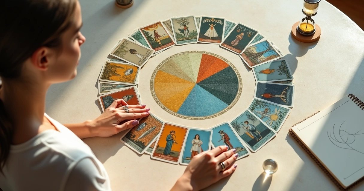 Cartas de tarot em círculo ao redor de calendário com estações do ano