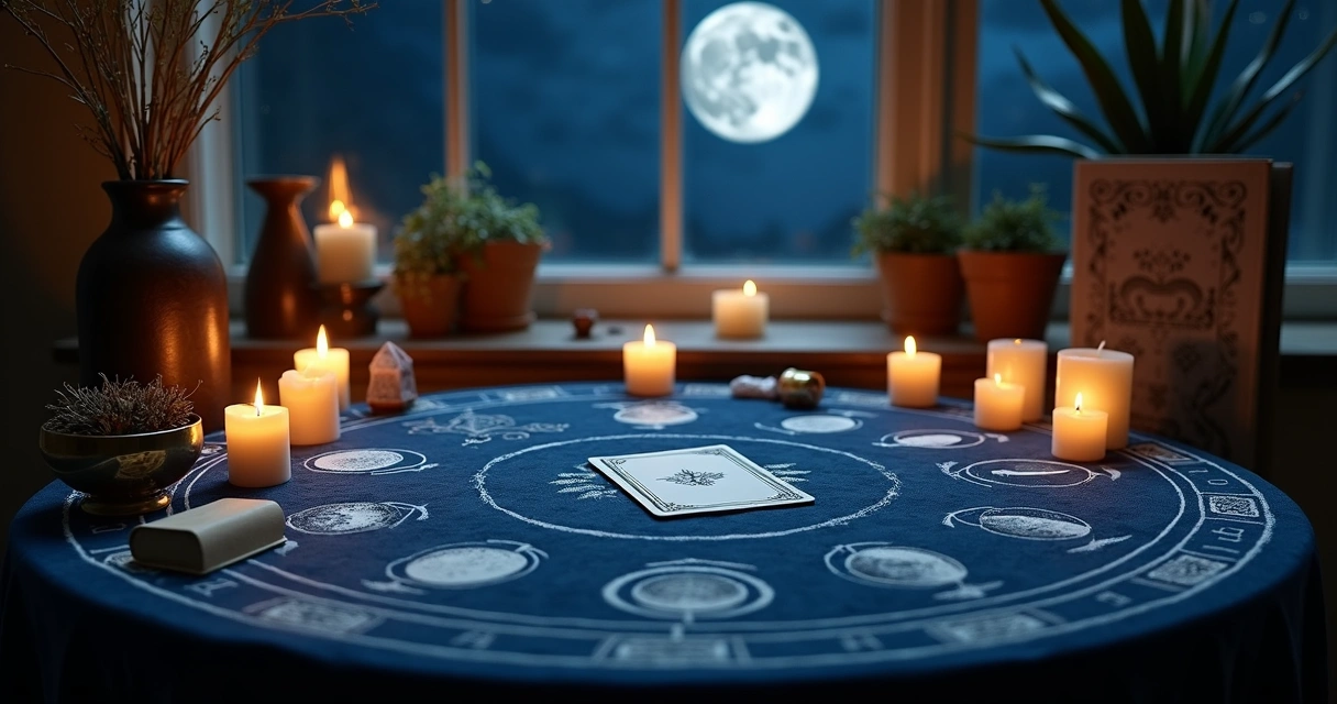 Baralho de tarot e fases da lua desenhadas em mesa iluminada por velas claras