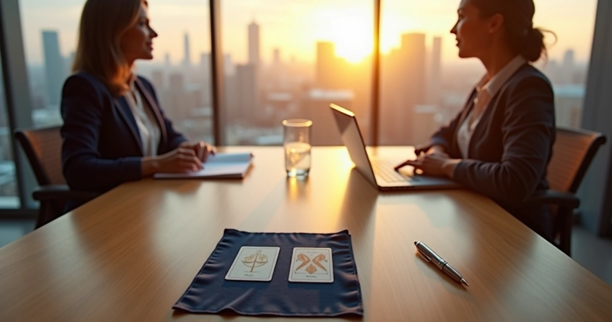 Reunião de duas profissionais em escritório moderno com cartas de tarot sobre a mesa de negociação