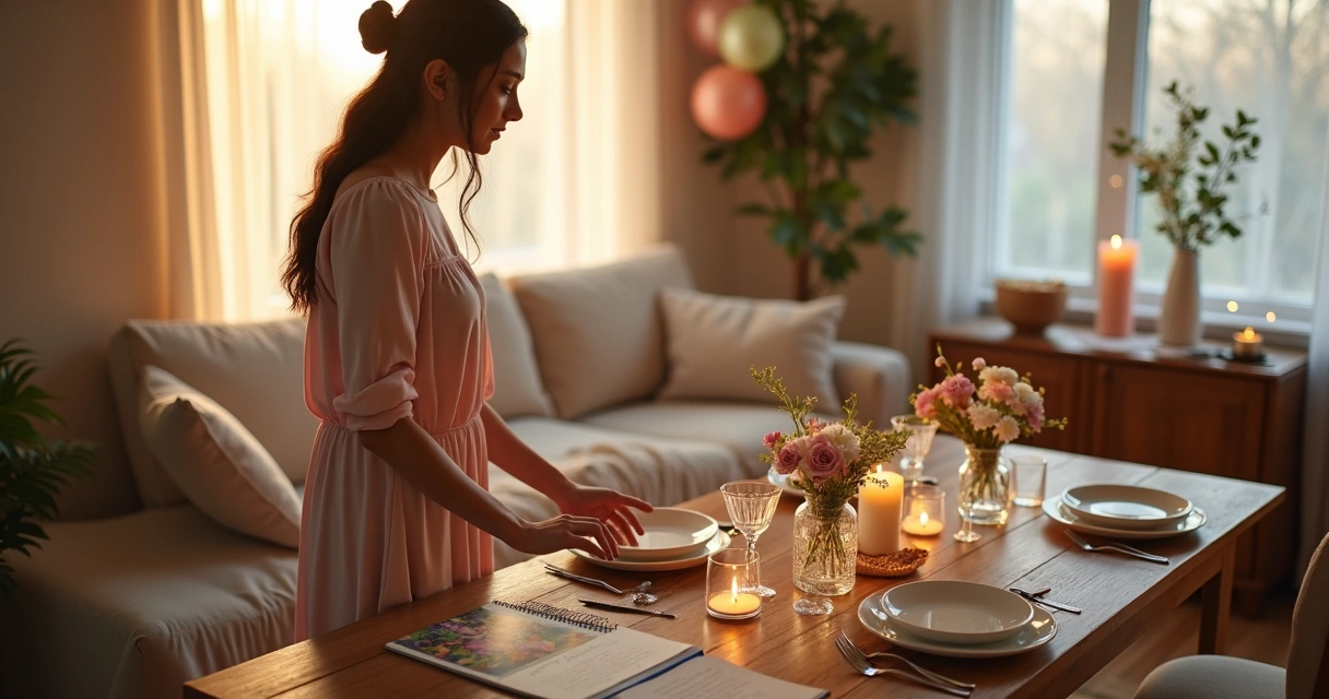 Mulher planejando festa em casa com cartas de tarot e mesa decorada