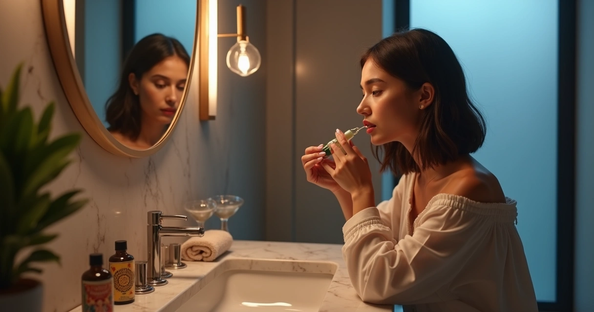 Mulher realizando skincare noturno sobre bancada com cartas de tarot ao lado dos cosméticos