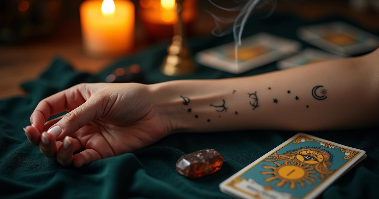 Tatuagem mística de símbolos de tarot em braço feminino em estúdio escuro
