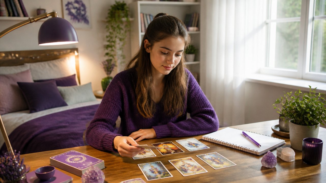Adolescente observando cartas de tarot sobre uma mesa em ambiente acolhedor e iluminado