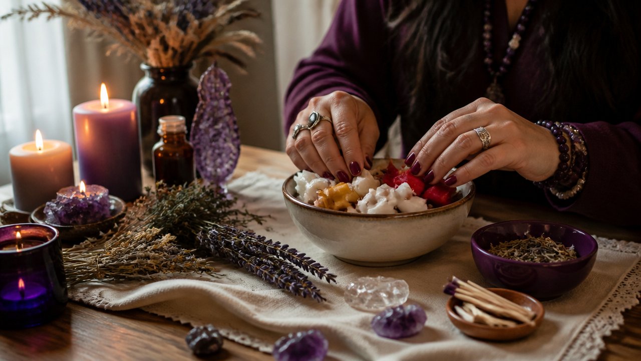 Altar esotérico com restos de velas separados para reaproveitamento em novos rituais