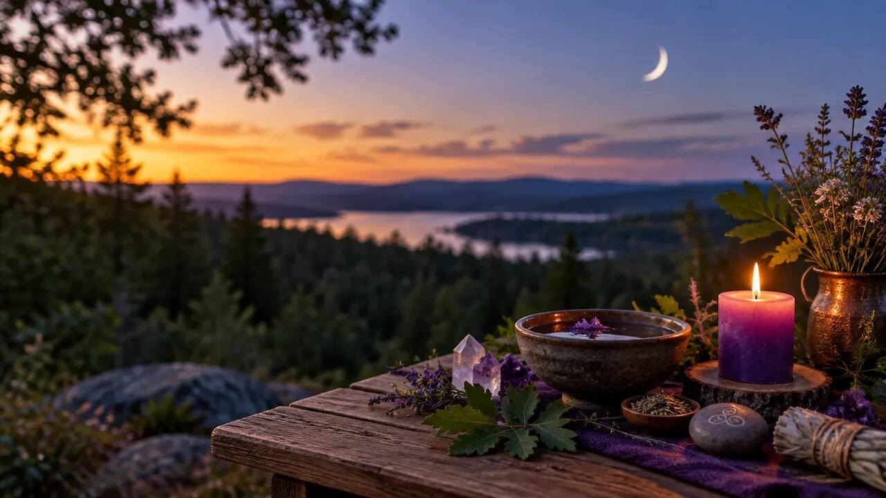 Altar simples com vela, folhas e cristais diante de uma floresta ao entardecer, evocando práticas wiccanas ligadas à natureza.