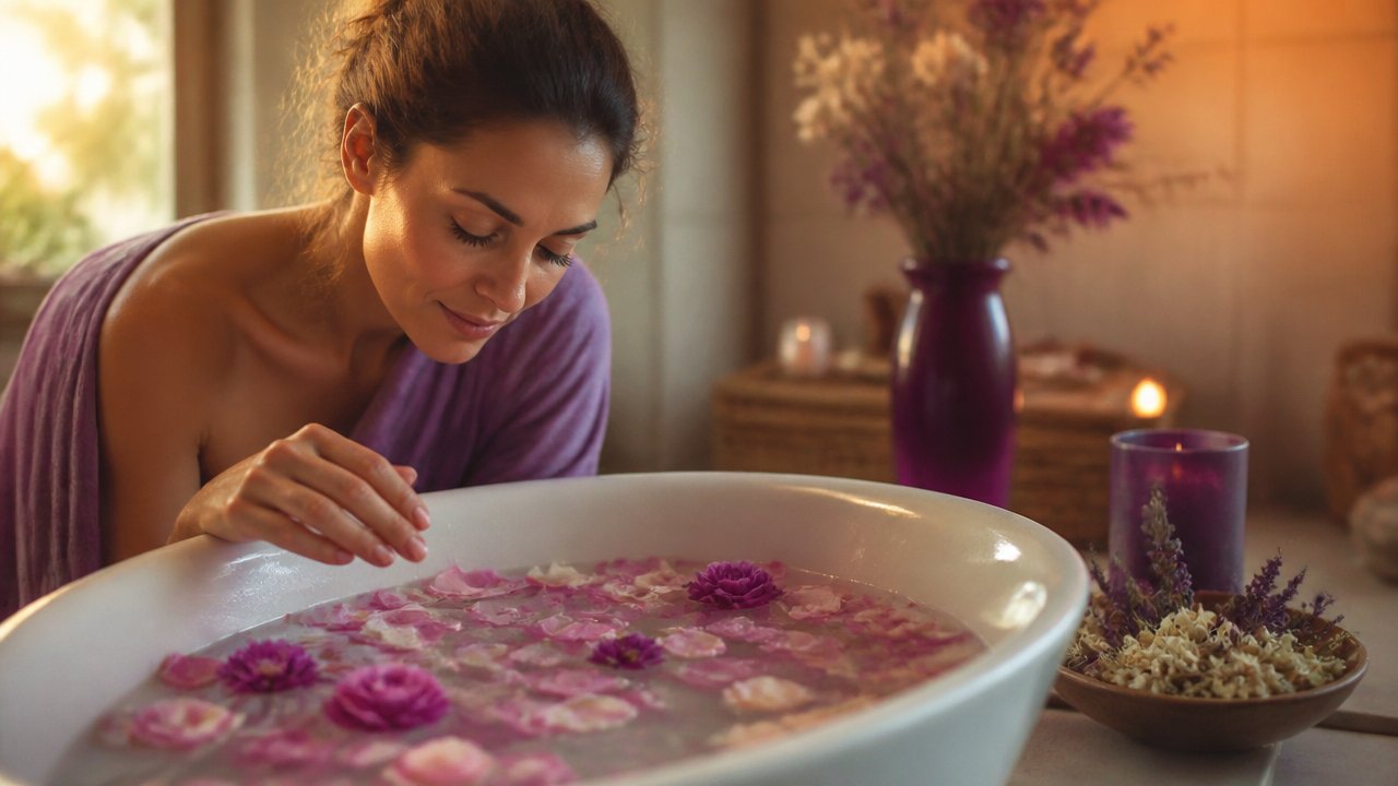 Banho ritual com pétalas em água morna para alinhar intenções antes de uma conversa importante