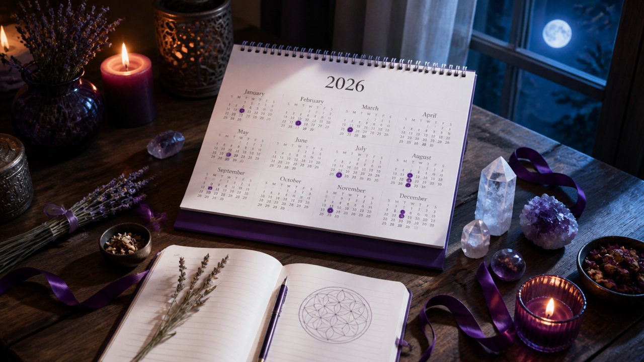 Calendário de 2026 sobre mesa ritualística com velas e cristais, representando datas esotéricas para simpatias