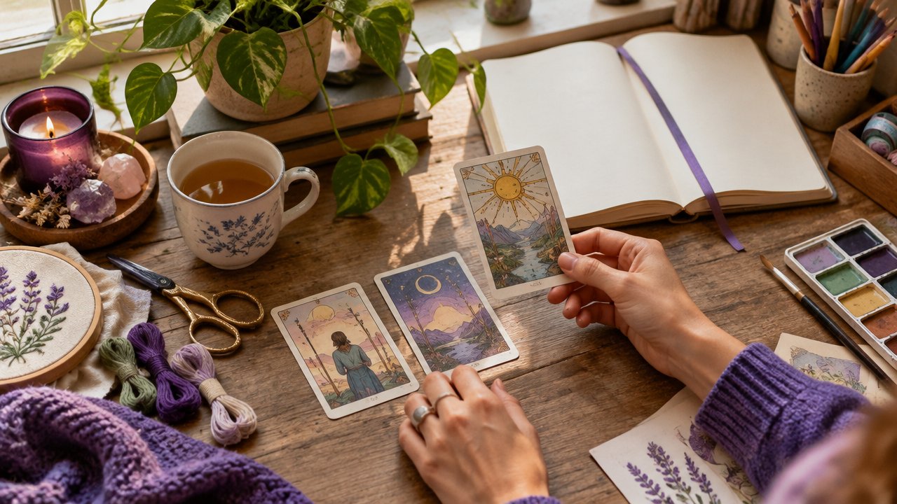 Cartas de Tarot ao lado de um caderno e materiais de arte para planejar um hobby criativo