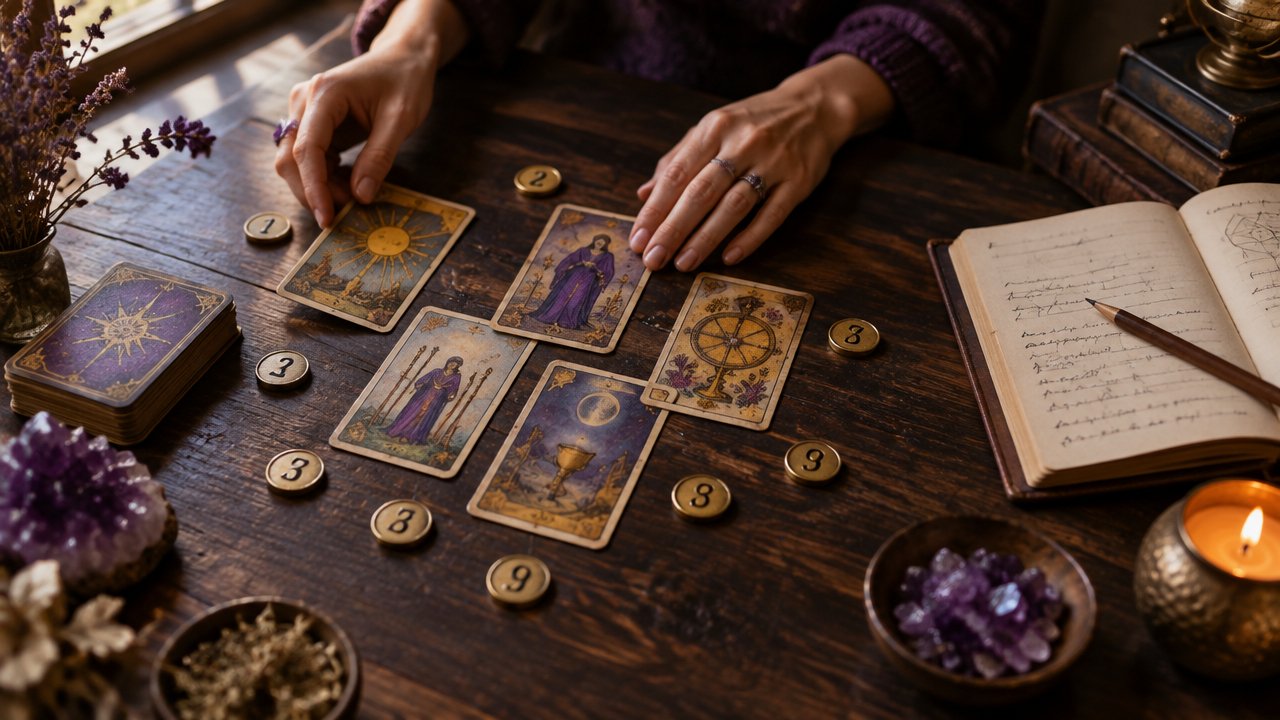 Cartas de Tarot e fichas numeradas dispostas sobre uma mesa para ilustrar a leitura simbólica dos números