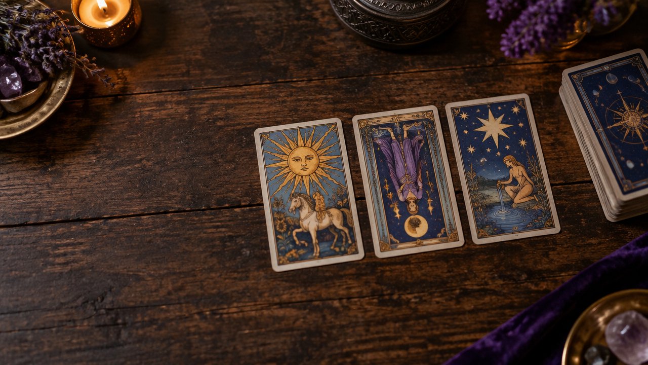 Cartas de Tarot sobre uma mesa, com uma delas invertida para representar diferentes formas de interpretação.