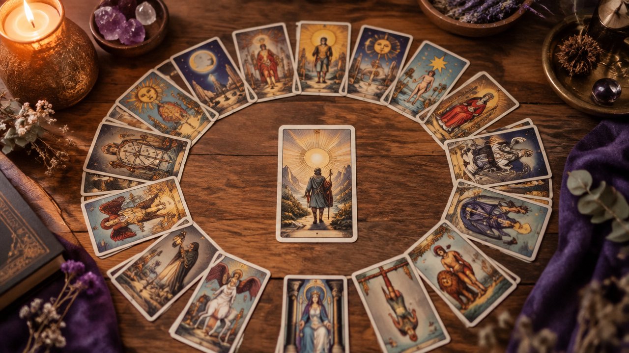 Cartas dos Arcanos Maiores dispostas sobre uma mesa em uma leitura de Tarot