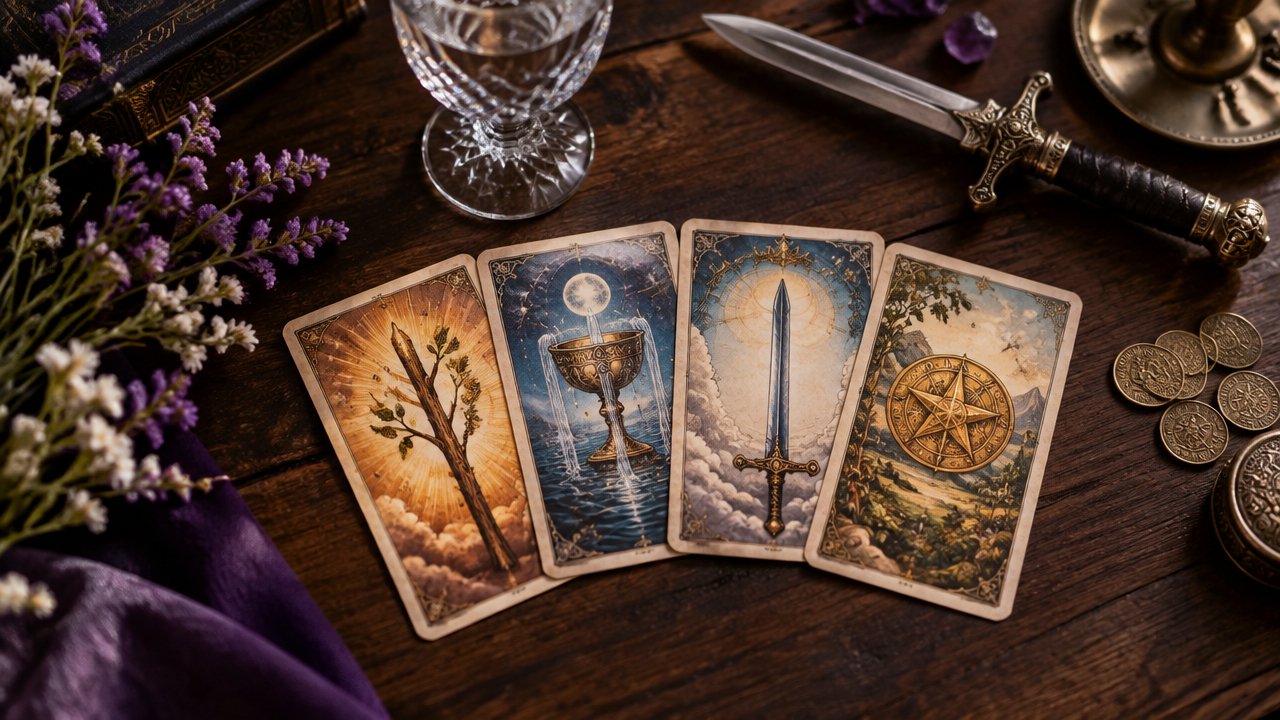 Cartas genéricas de Tarot organizadas em uma mesa, acompanhadas por objetos que simbolizam os quatro naipes dos Arcanos Menores.