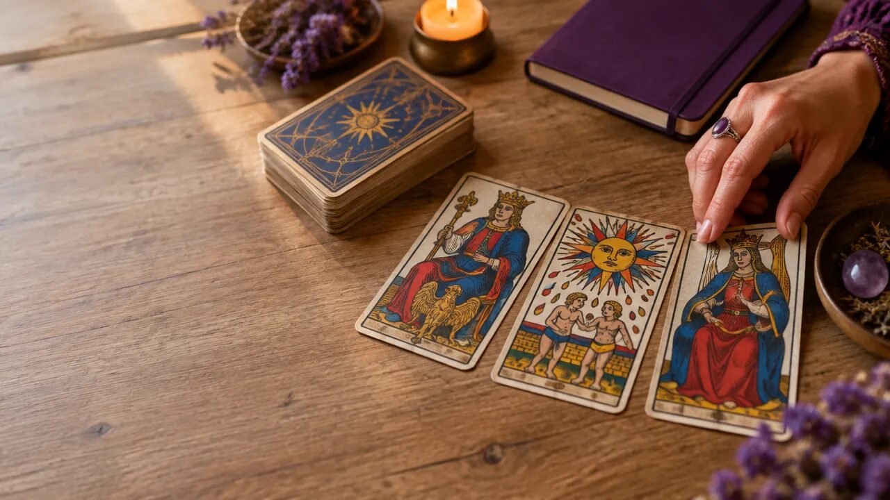 Cartas inspiradas no Tarot de Marselha dispostas sobre uma mesa para uma leitura simbólica