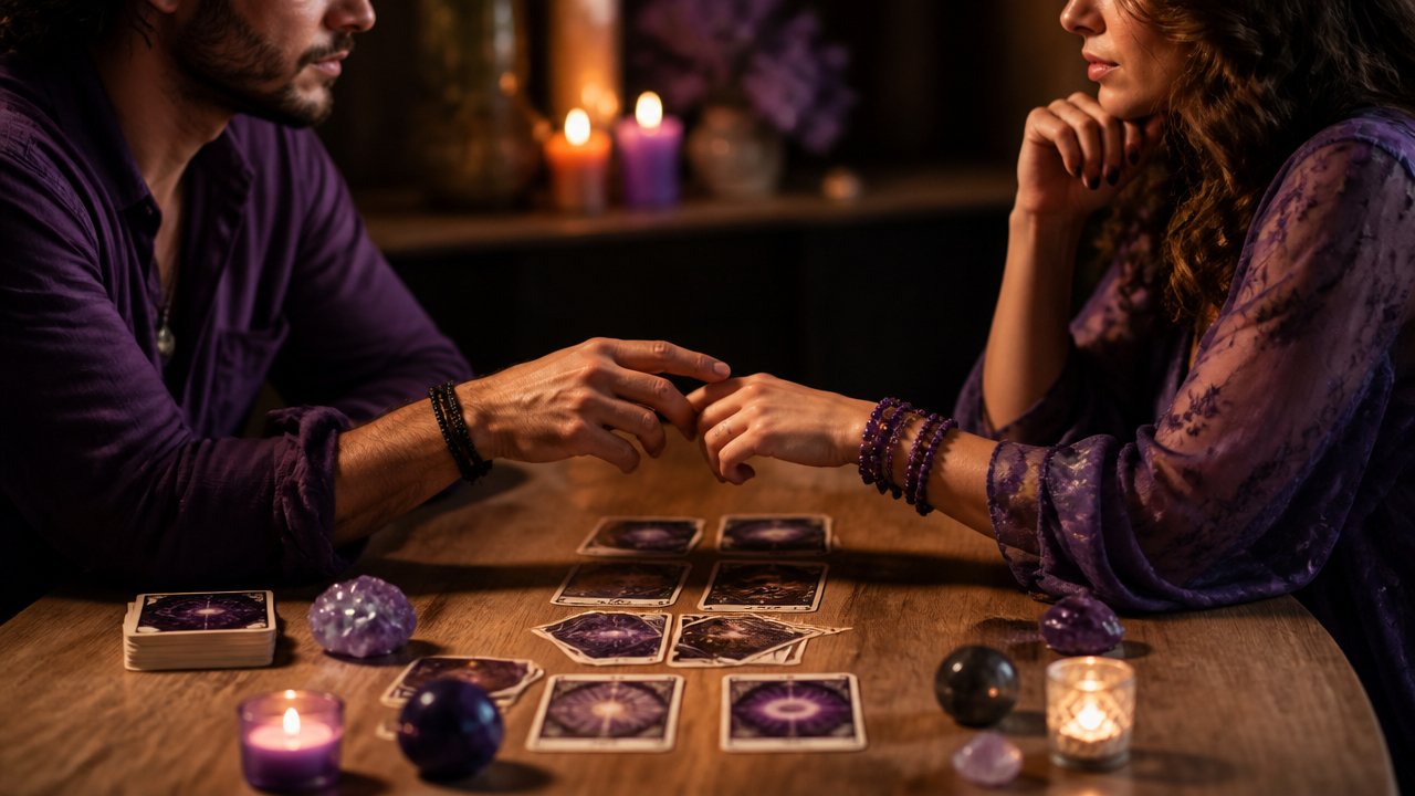 Casal em momento de reconexão diante de cartas de tarot sobre a mesa