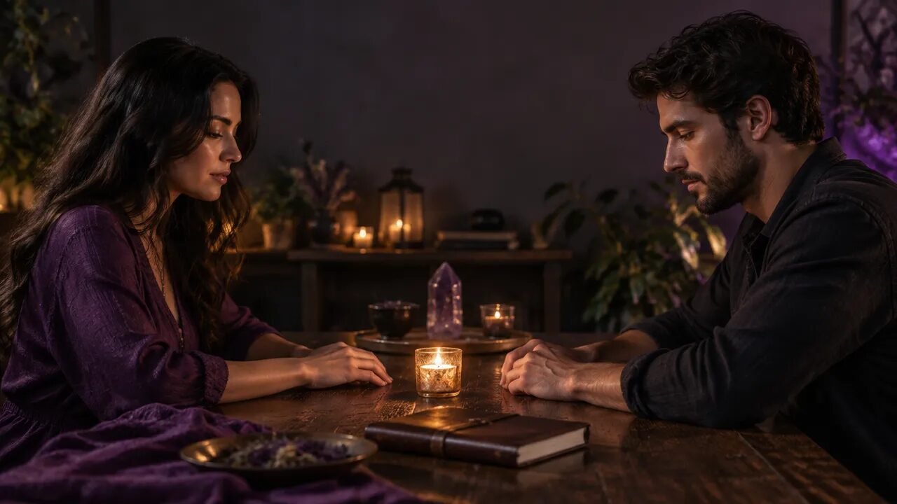 Cena simbólica e respeitosa sobre intimidade, intenção e reflexão espiritual, sem nudez ou conteúdo explícito