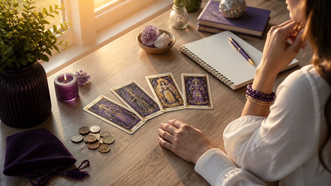 Cinco cartas de tarô sobre uma mesa ao lado de moedas e caderno, representando análise de ciclos financeiros.