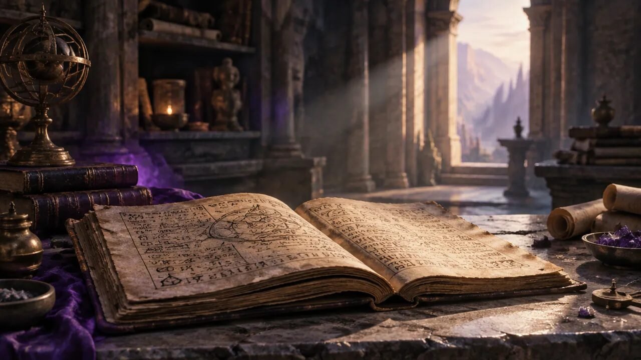 Códice antigo aberto em uma mesa de pedra, evocando a busca espiritual por conhecimento associada ao gnosticismo.
