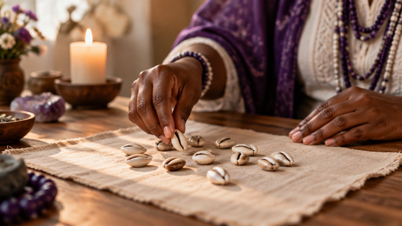 Conchas de búzios dispostas sobre tecido natural durante uma consulta espiritual