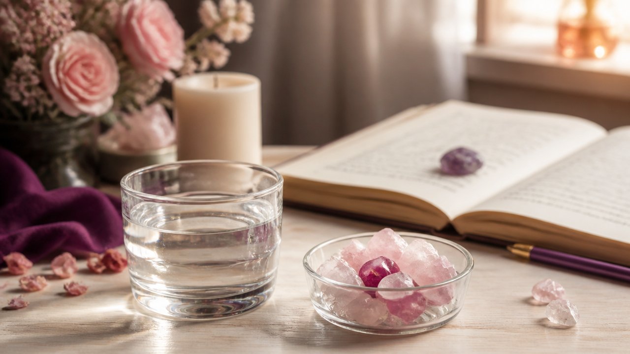 Copo com água e cristais rosados ao lado sobre mesa clara, em ambiente sereno e romântico