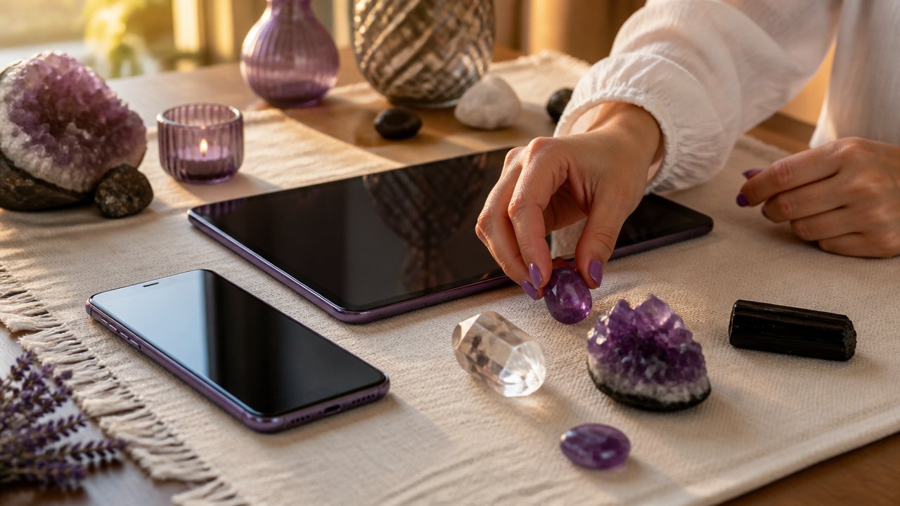 Cristais de proteção ao lado de celular e tablet sobre uma mesa clara
