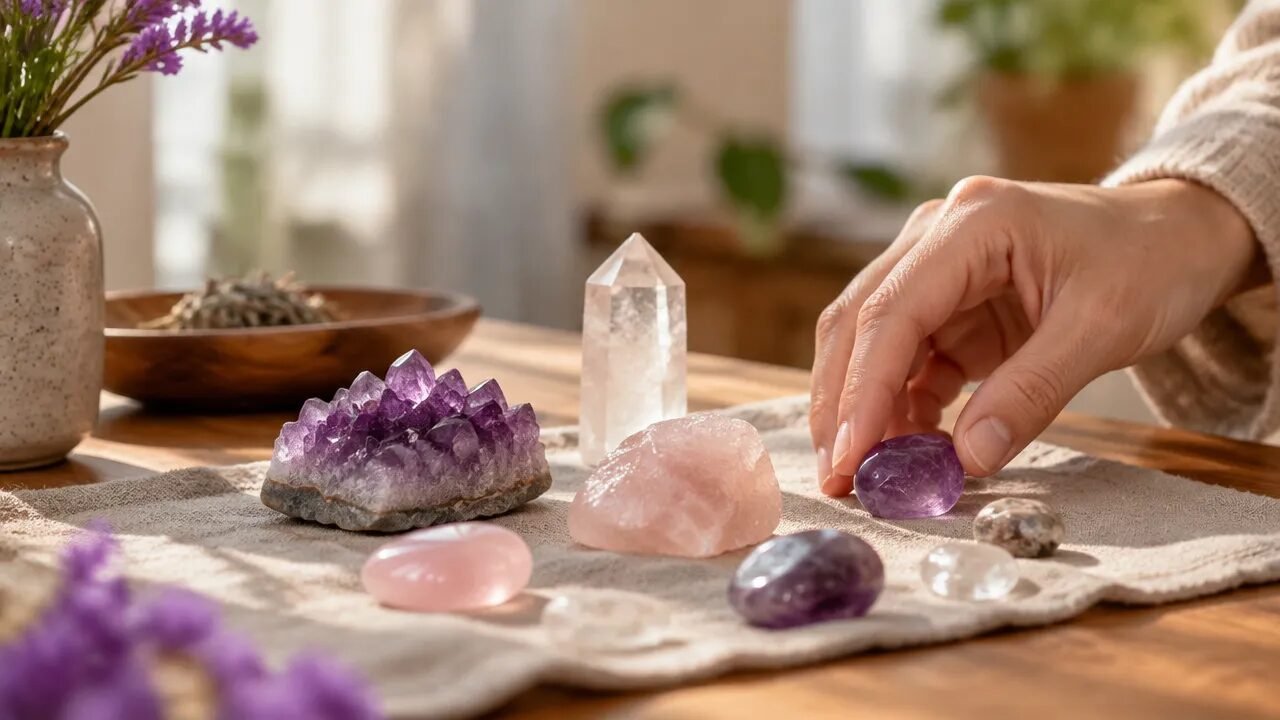 Cristais naturais de quartzo rosa, ametista e quartzo transparente organizados sobre tecido de linho em uma mesa