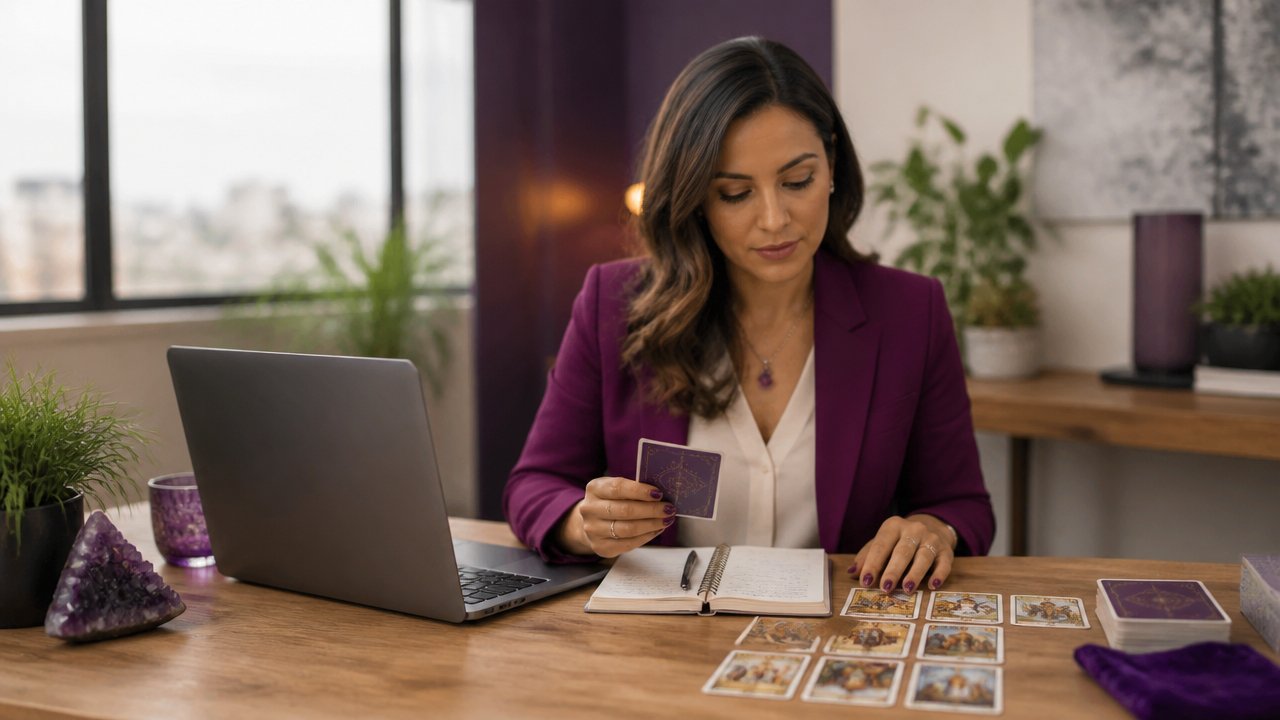 Empreendedora analisando cartas de tarot sobre a mesa de trabalho ao lado do notebook
