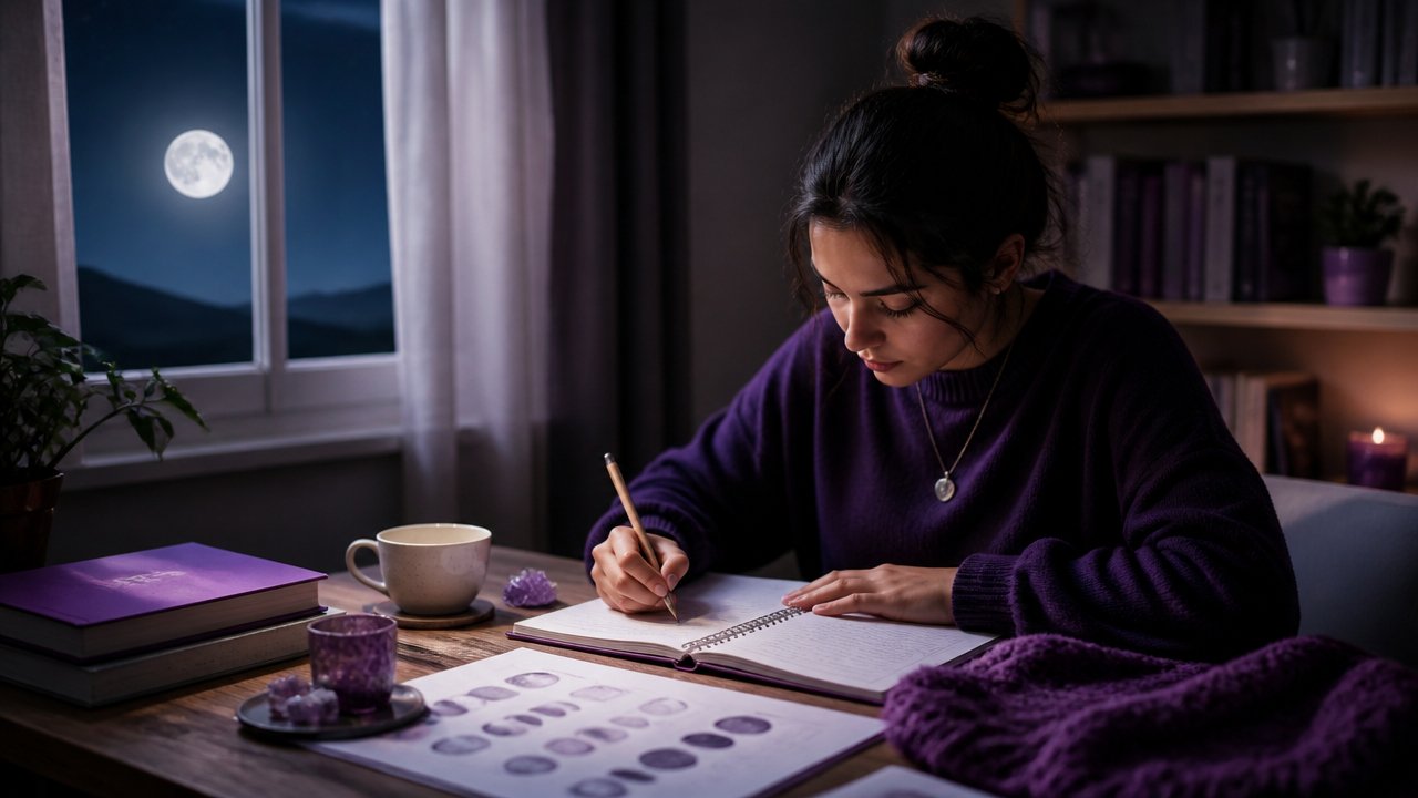 Estudante organizando a rotina de estudos com calendário lunar em uma mesa iluminada pela luz da lua