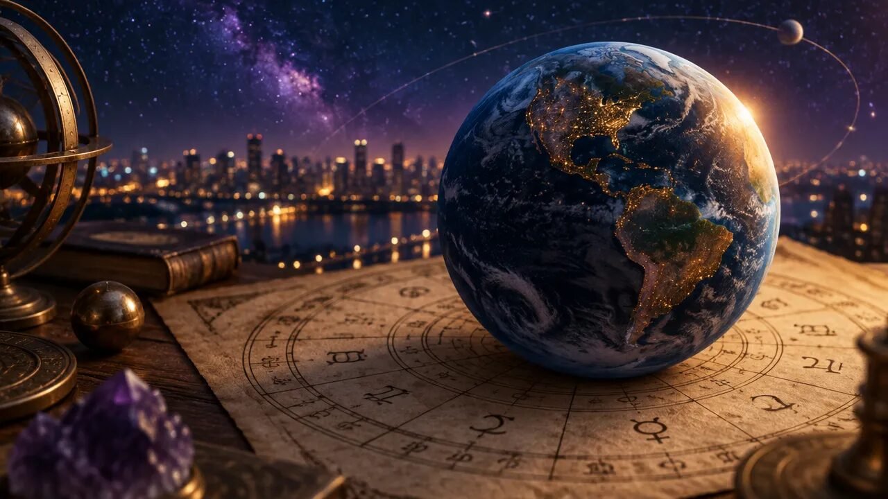 Globo terrestre sobre um mapa astrológico circular sob um céu estrelado, representando a leitura simbólica de acontecimentos coletivos.