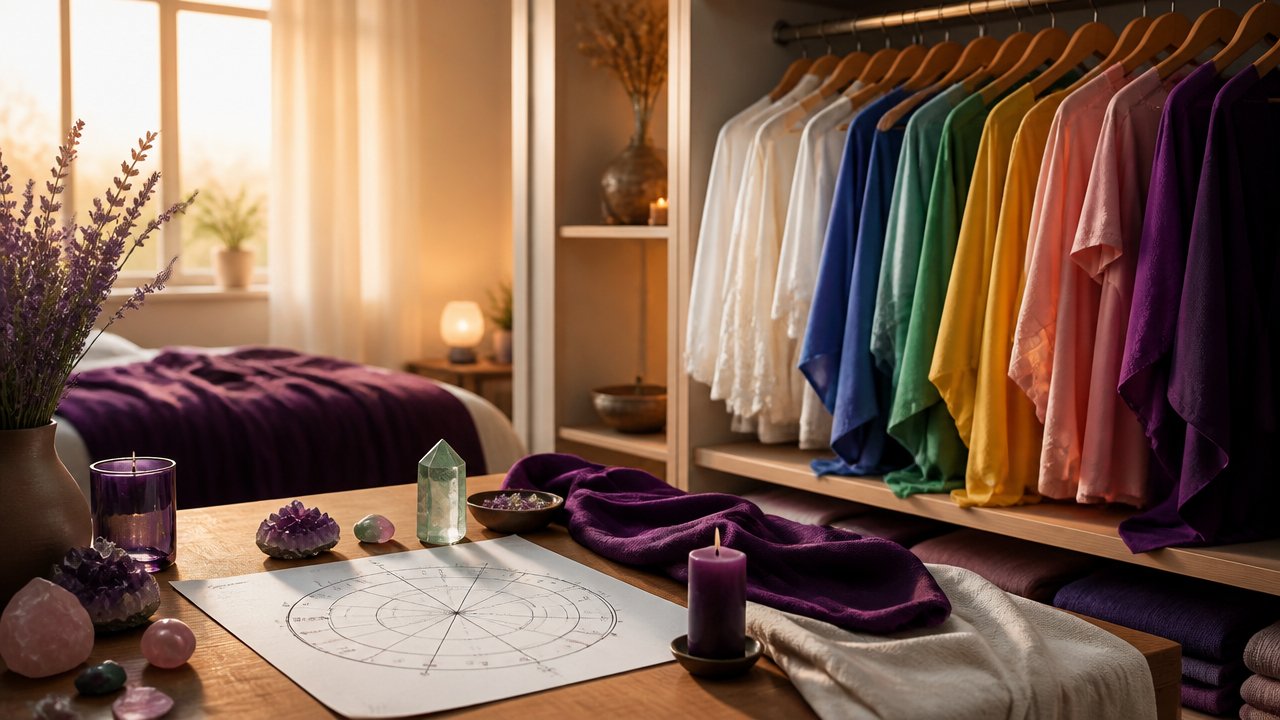 Guarda-roupa com roupas coloridas ao lado de mapa astral e cristais, representando a energia das cores na astrologia
