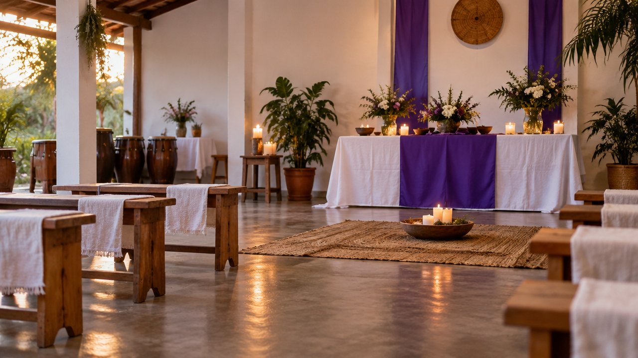 Interior acolhedor de um terreiro preparado para uma cerimônia de Umbanda, com flores, velas e assentos organizados