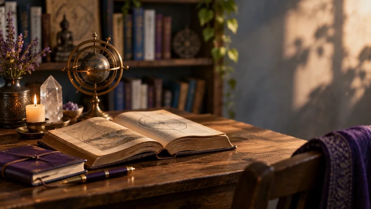 Livro aberto, esfera celeste e caderno em uma mesa, compondo uma cena contemplativa sobre a busca teosófica por sabedoria.
