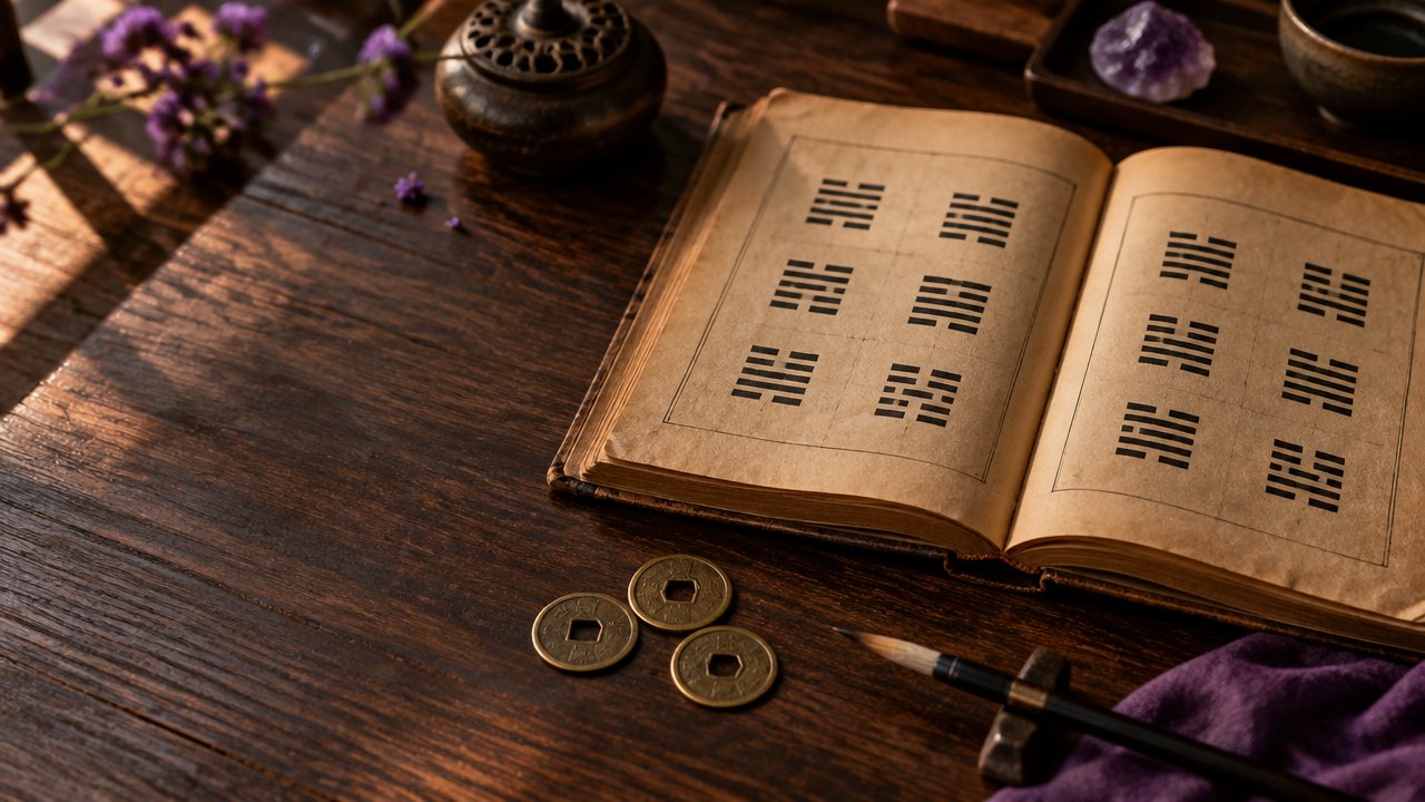Livro antigo do I Ching aberto sobre mesa de madeira, com símbolos de linhas e três moedas para consulta