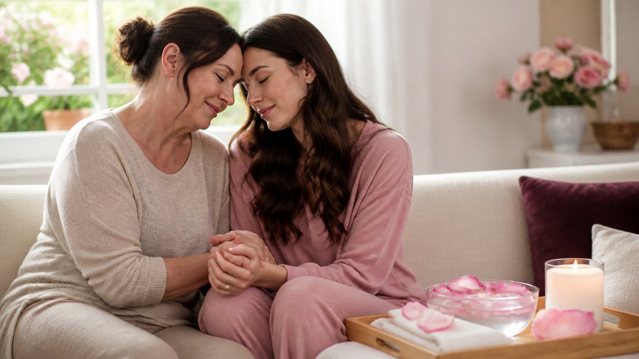 Mãe e filha em momento de reconciliação ao lado de elementos de um banho com rosas cor de rosa