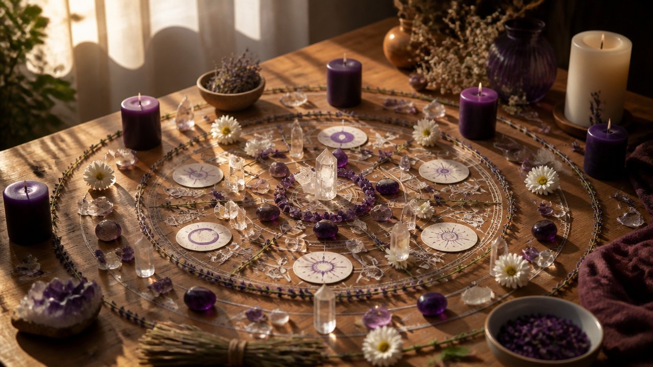 Mandala esotérica com cristais, flores e ervas sobre mesa de madeira